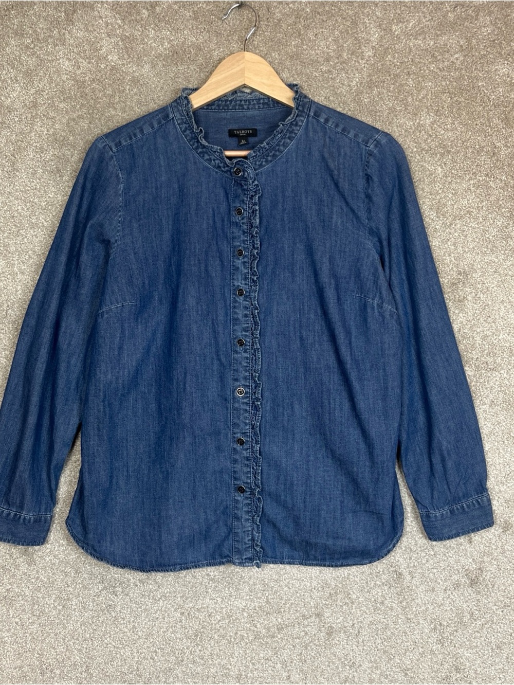 Talbots Shirt Womens Large Petite Blue Chambray Denim Button Front Ruffle- 5298